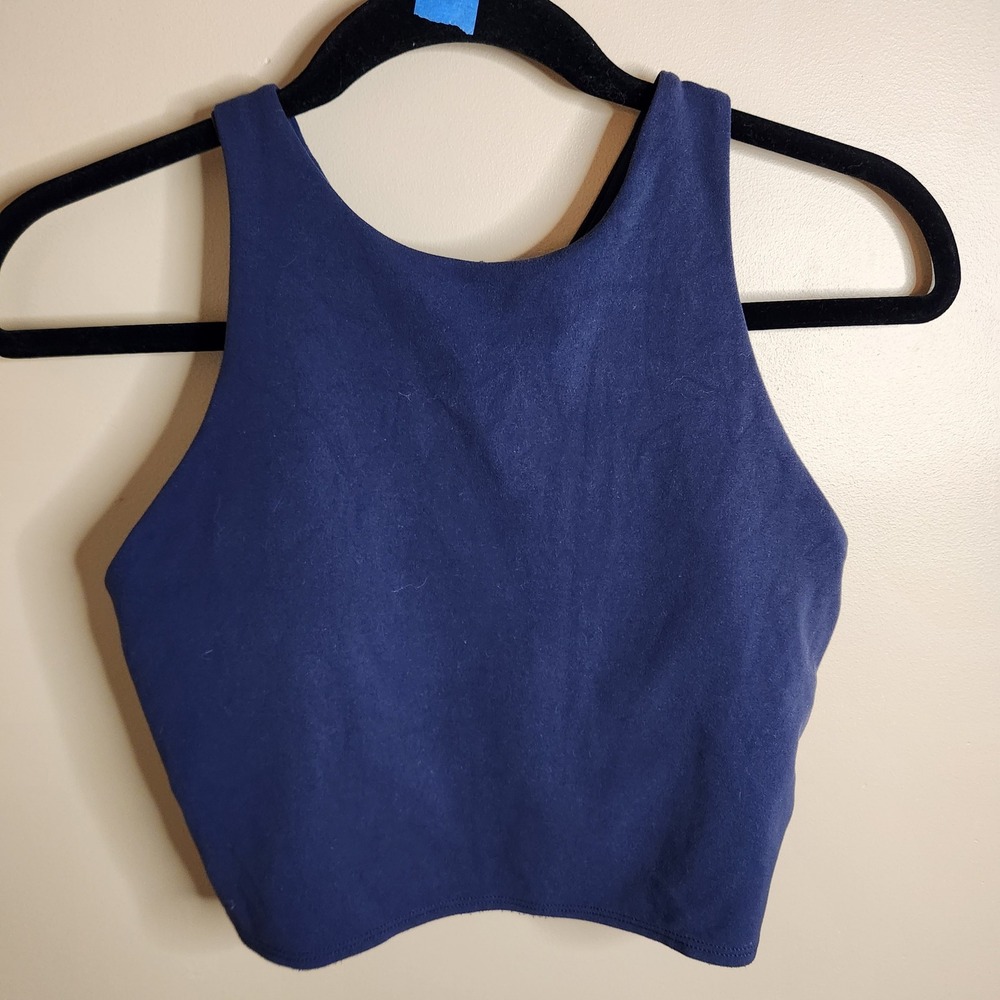 Athleta Conscious Crop Top Navy Blue High Neck Racerback Bra Tank Size M